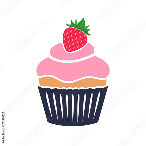 Pink cupcake with strawberry flat vector illustration