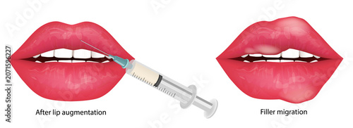 Photos Lip Filler Migration Illustration with Hyaluronic Acid Injection and Cosmetic Augmentation Comparison