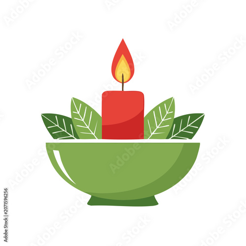 Red candle with flame in green bowl with leaves
