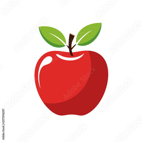 Red Apple with Green Leaves Vector Illustration