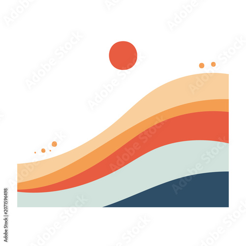 Abstract layered landscape with sun and dots
