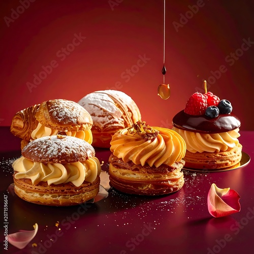 A selection of assorted cream-filled pastries on a red background