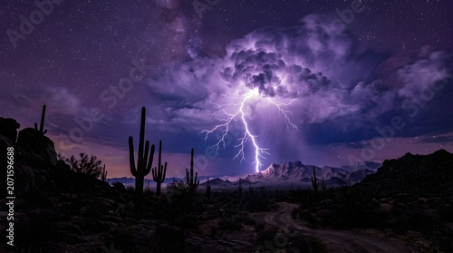 Lightning strike over desert landscape, long exposure, purple night sky, no people
