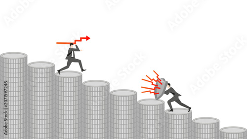 Quadro su tela Businessman defending financial savings on coin staircase against bearish market