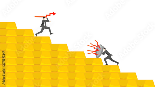Cuadro en lienzo Businessman defending gold investment on gold bar staircase against bearish mark
