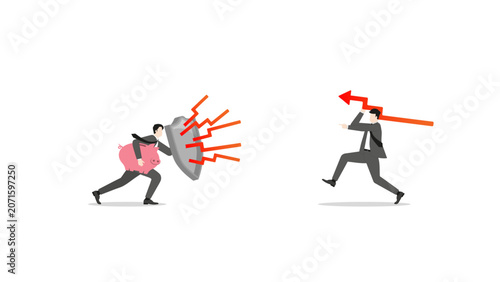 Bilde på lerret Businessman defending piggy bank savings with shield against financial market at