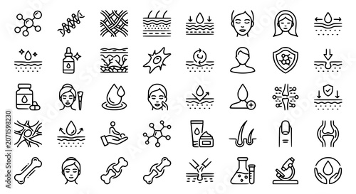 Tableau sur toile Collagen Editable Stroke Outline Icons Set with Connective Tissue Elastin Produc