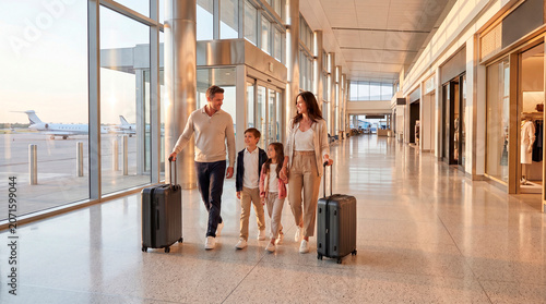 Happy young family with rolling luggage walking together through a bright modern airport terminal, smiling parents and children going on a luxury summer vacation.