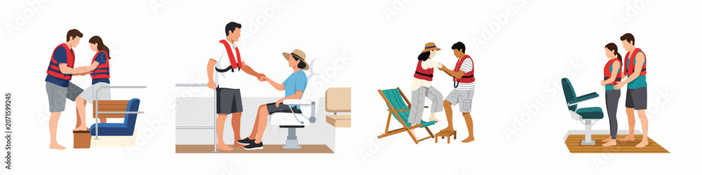 Fototapeta premium Set of Flat Illustrations Showing People Practicing Boat Safety, Wearing Life Jackets and Assisting Each Other on a Vessel