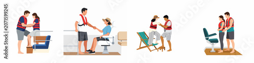 Photography Set of Flat Illustrations Showing People Practicing Boat Safety, Wearing Life Ja