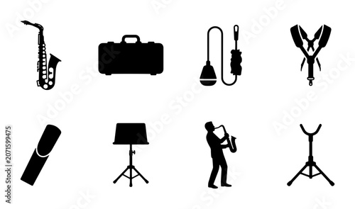 Photography Saxophone Music Icons Set: Alto Saxophone, Case, Microphone, Stand, Reed, Musici
