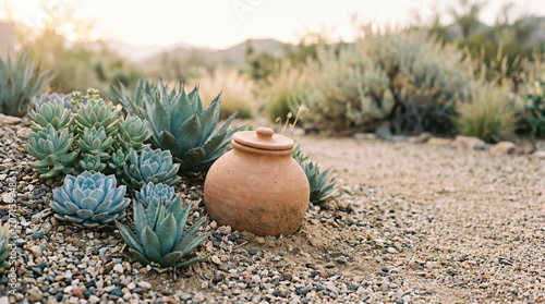 Terracotta clay pot in a desert succulent garden at sunset