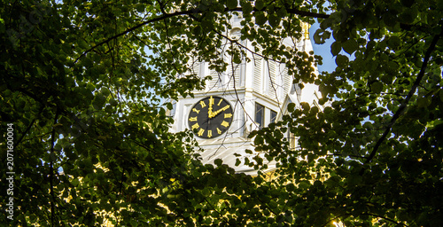 фотографія Clock tower of St Pauli church seen through lime tree foliage in Malmö