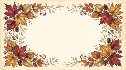 Autumn Leaves Border Design with Pinecones and Berries.