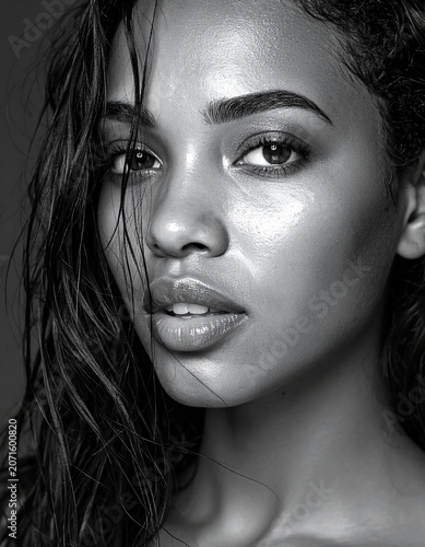 Close up portrait of an attractive African American girl with wet hair.