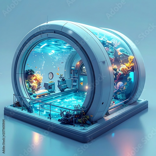 A futuristic underwater laboratory with a large dome