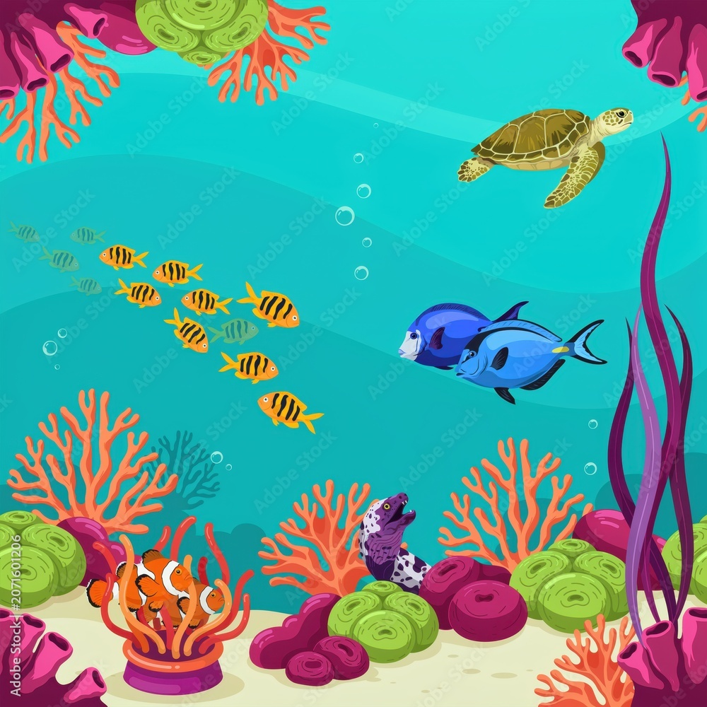 Fototapeta premium Seamless pattern featuring a vibrant underwater coral reef ecosystem with swimming sea turtles, schools of fish, and colorful sea anemones