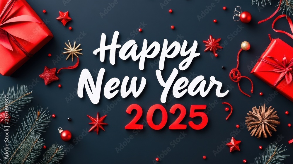 Naklejka premium A festive New Year 2025 greeting in white and red text, adorned with red gift boxes, ornaments, stars, pine cones, and pine branches against a dark background.