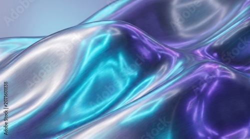 Abstract flowing liquid metal surface with iridescent cyan and purple highlights, rippling texture reflecting light, fluid metallic material.