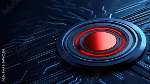 A close-up of a futuristic red and black circular button on a dark circuit board featuring glowing blue lines.