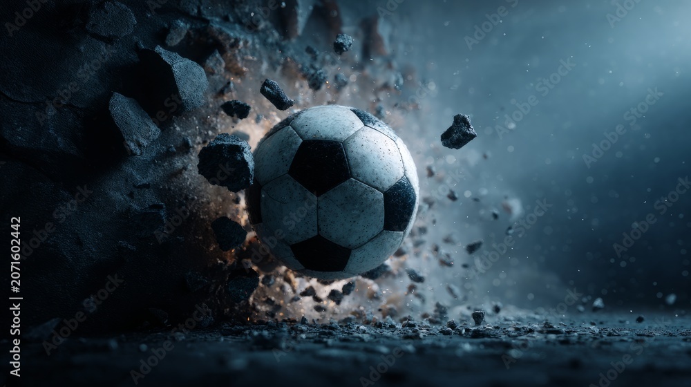 Fototapeta premium Soccer Ball Crashing Through Dark Concrete Debris