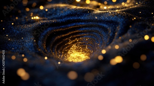 A glowing golden vortex surrounded by shimmering blue particles creates a dynamic tunnel effect with floating light orbs.
