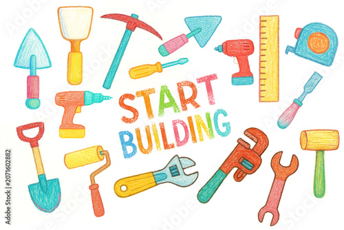 Building, children's games, childhood, toys, colored pencils, watercolor, hand drawing