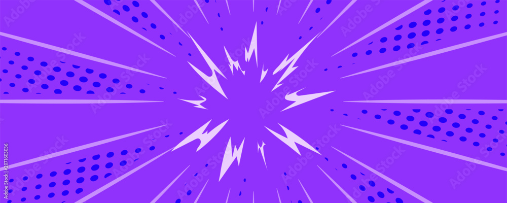 Fototapeta premium Purple anime style explosion background with radial speed lines and bright cartoon energy effects, perfect for dynamic manga illustrations and posters.