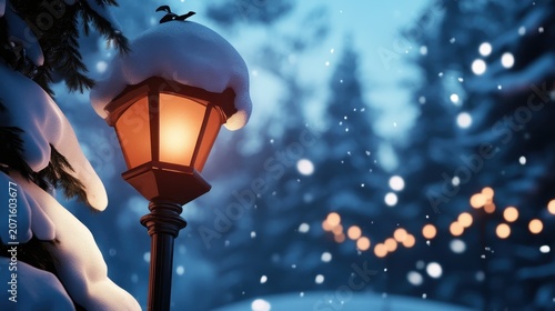 A warmly glowing snow-covered streetlamp stands against a snowy forest backdrop with softly falling snowflakes and blurred string lights in the distance.