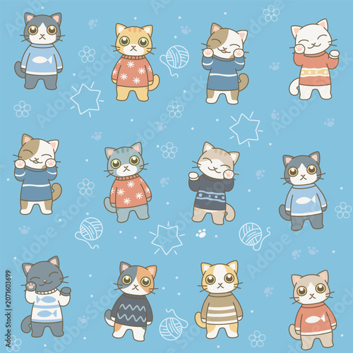 Seamless pattern with cats in different sweaters on a blue background. Vector illustration. Cute cats series. 