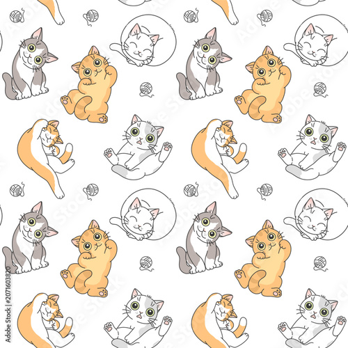 Cartoon cats in different poses on a white background seamless pattern. Vector illustration. Cute cats series. 