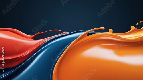 A vibrant blend of orange, blue, and red liquid splashes against a dark background.