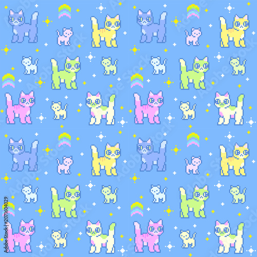 Brightly pixel cats and rainbows pattern. Vector seamless pattern. Cute cats series. 