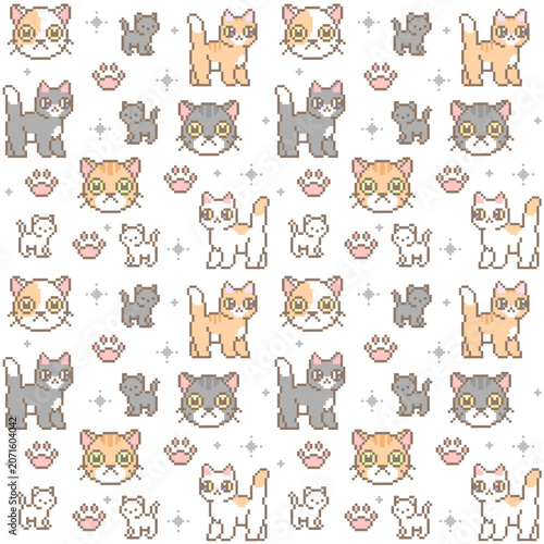 Pixel art cat pattern with white background. Vector seamless pattern. Cute cats series. 