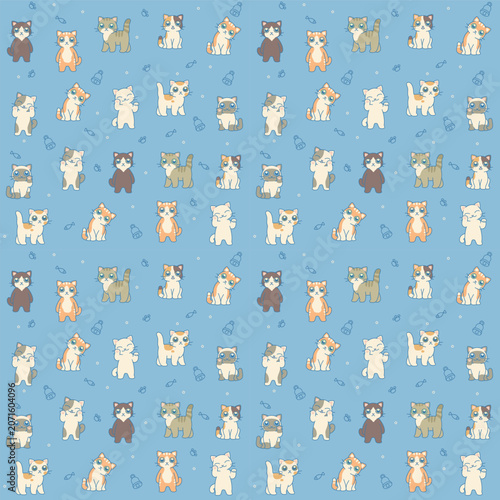 Funny different cats on blue background seamless pattern. Vector illustration. Cute cats series. 