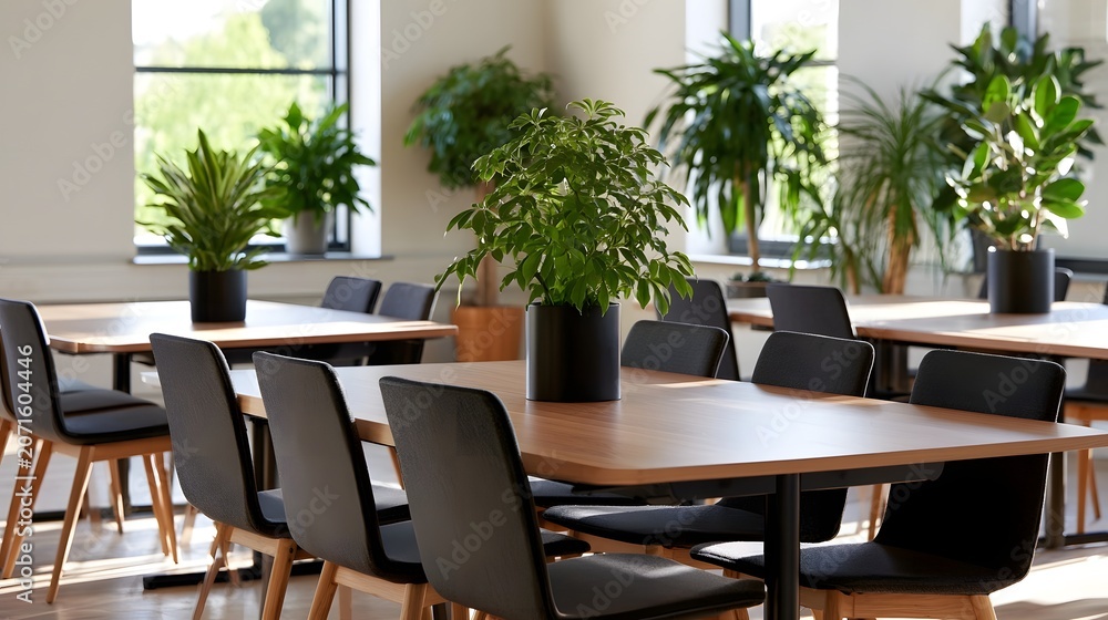 Fototapeta premium A modern and organized boardroom interior featuring natural plant accents and gentle shadows creating a serene workspace ambiance