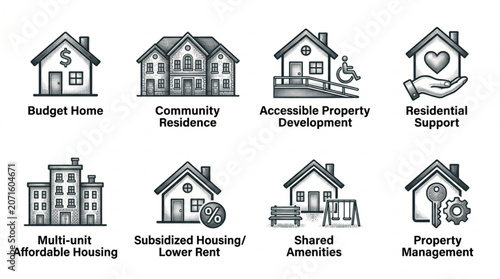 Affordable housing property management icons.