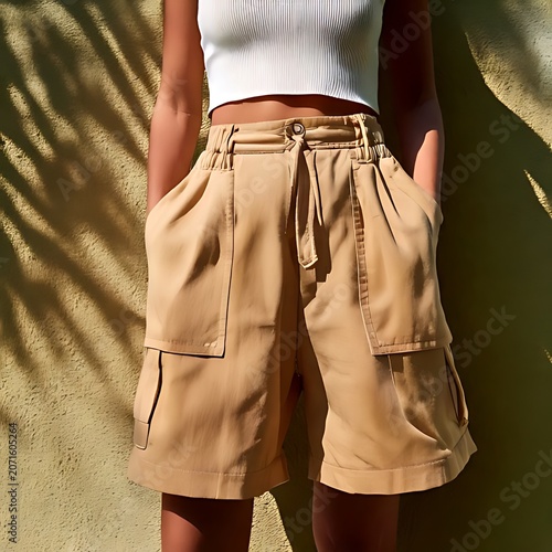Stylish beige cargo shorts with white top