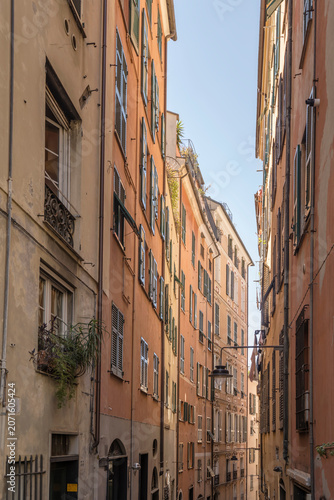 tall buildings on narrow lane in central district, Genova
