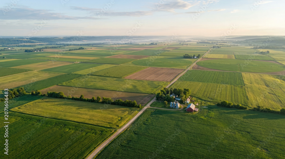 Obraz premium Aerial view of large agricultural farmland fields at sunrise with agriculture farmland landscape