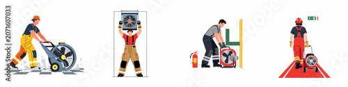Photos Flat vector illustrations of professional workers and firefighters using industrial ventilation fans and blowers for smoke extraction and air cooling