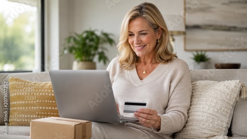 Smiling middle-aged blonde woman on a couch using a laptop and credit card to shop online with a delivered package nearby