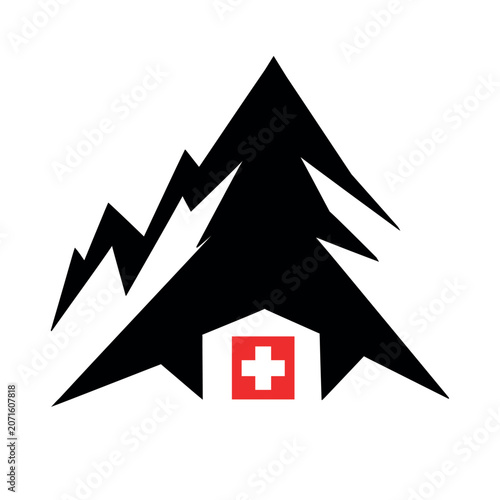 Foto Swiss Alps and flag vector logo, hand drawn mountain emblem for travel and brand
