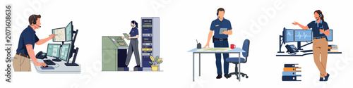 Tableau sur toile Flat vector illustrations of emergency dispatchers and security operators working in a control center with monitors, headsets, and technical equipment
