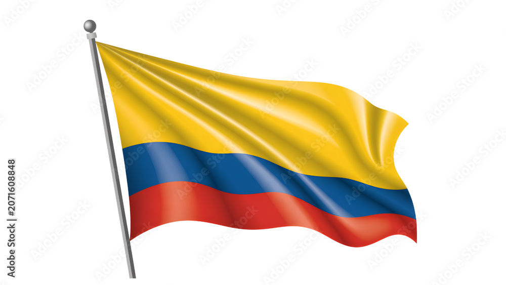 Obraz premium Colombian Flag Waving on Silver Flagpole Isolated on White