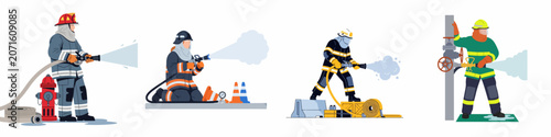 Foto Set of flat vector illustrations showing firefighters in protective gear using hoses to extinguish fires, featuring various equipment like hydrants and cones