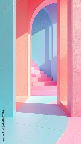 Vibrant colorful interior design staircase archway.