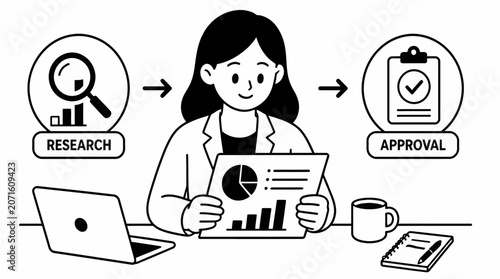 Woman analyzing data on laptop and tablet for research approval.