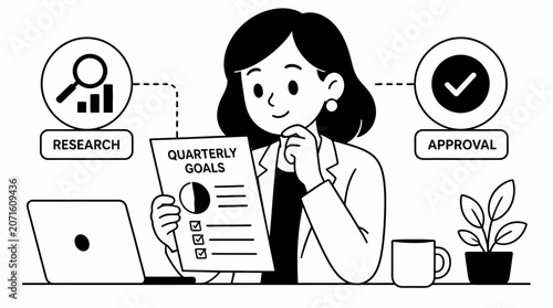 Woman reviewing quarterly goals on laptop at desk.