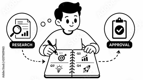 Cartoon character writing in notebook with research and approval icons.